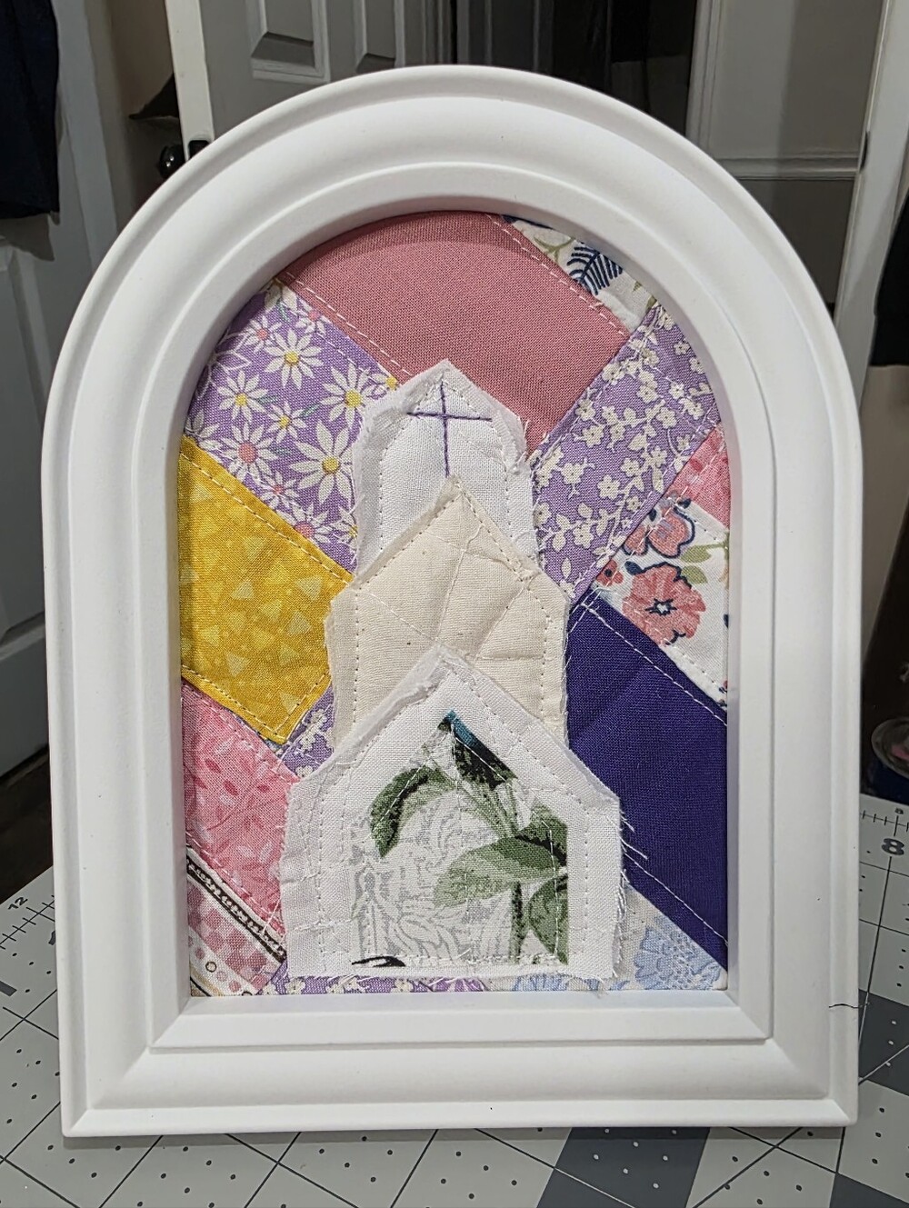 Handmade Pink, Purple, Yellow Quilted Church Wall Art - White Frame 5x7